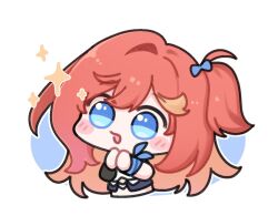 1girl blue_background blue_eyes blush_stickers brown_hair chibi commentary_request cropped_torso hair_intakes honkai_(series) honkai_impact_3rd komi_(mayu_eo22) korean_commentary multicolored_hair one_side_up open_mouth outline own_hands_together red_hair senadina_(deepspace_anchor:_first_light)_(honkai_impact) senadina_(honkai_impact) solo sparkle two-tone_background two-tone_hair white_background white_outline