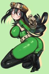 Rule 34 | 1girl, :&gt;, absurdres, ass, asui tsuyu, belt, black hair, bodysuit, boku no hero academia, breasts, closed mouth, covered erect nipples, drop shadow, frog girl, from side, gloves, goggles, goggles on head, green bodysuit, grey eyes, hair between eyes, hair rings, highres, impossible bodysuit, impossible clothes, kneeling, large breasts, long hair, low-tied long hair, shibayamamohu, simple background, skin tight, solo, thighhighs