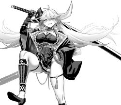 Rule 34 | 1girl, asymmetrical horns, azur lane, breasts, dress, gloves, greyscale, hakuryuu (azur lane), high heels, highres, holding, holding sword, holding weapon, hori (hori no su), horns, huge weapon, large breasts, long hair, looking down, mismatched horns, monochrome, official art, pleated dress, sheath, skindentation, sword, unsheathing, weapon, wide sleeves