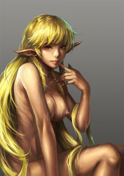 Rule 34 | 1girl, bad id, bad pixiv id, blonde hair, breasts, completely nude, cum, elf, female focus, finger to mouth, gradient background, grey background, lapucelle (arasoo1210), large breasts, light smile, lips, long hair, nipples, nude, original, pointy ears, realistic, red eyes, simple background, sitting, solo, very long hair