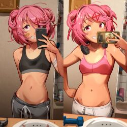 Rule 34 | 1girl, absurdres, bandaged arm, bandages, bandaid, bandaid on cheek, bandaid on face, bathroom, bathtub, beer can, bow, bra, breasts, budweiser, can, clenched teeth, collarbone, commentary, doki doki literature club, drink can, english commentary, grey pants, grin, hair bow, hair ornament, hair ribbon, hairclip, hammer, headphones, headphones around neck, highres, holding, holding phone, khyle., looking at viewer, multiple views, natsuki (doki doki literature club), navel, pants, phone, pink bra, pink eyes, pink hair, red bow, ribbon, selfie, short hair, sink, skinny, small breasts, smile, teeth, two side up, underwear, untitled goose game