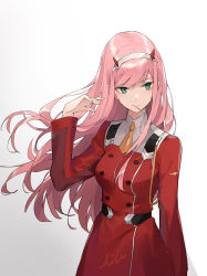 Rule 34 | 10s, 1girl, aiko (kanl), bad id, bad pixiv id, breasts, darling in the franxx, green eyes, hairband, horns, long hair, medium breasts, necktie, pink hair, solo, uniform, zero two (darling in the franxx)