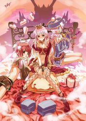 Rule 34 | :3, alchemist (ragnarok online), angeling, back, blue eyes, boots, box, breasts, brown cape, brown eyes, brown footwear, brown hair, brown shirt, brown shorts, brown skirt, bun cover, cake, cake slice, candy, cape, cleavage, closed mouth, commentary request, crop top, crown, double bun, dress, elbow gloves, fingerless gloves, fishnet pantyhose, fishnets, food, full body, fur-trimmed jacket, fur collar, fur trim, gift, gift box, gloves, green eyes, grey dress, grey gloves, hair between eyes, hair bun, halo, hat, hunter (ragnarok online), jacket, long hair, looking at viewer, medium bangs, medium breasts, miniskirt, navel, okishiji en, open mouth, pantyhose, pink hair, pointy ears, qingdai guanmao, ragnarok online, red jacket, rogue (ragnarok online), shirt, short dress, short hair, short shorts, shorts, shorts under skirt, sitting, skirt, slime (creature), small breasts, smile, strapless, strapless dress, wrapped candy