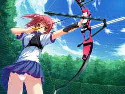 Rule 34 | 1girl, :o, aiming, archery, arm guards, arrow (projectile), blue skirt, blue sky, bow, bow (weapon), breasts, chain-link fence, cowboy shot, day, drawing bow, fence, fisheye, from below, game cg, hair bow, highres, himegami nanase, holding, holding arrow, holding bow (weapon), holding weapon, large breasts, miniskirt, muneate, outdoors, outstretched arm, panties, pantyshot, pleated skirt, red hair, school uniform, serious, short sleeves, skirt, sky, solo, soushinjutsu (series), soushinjutsu rei, sportswear, studio jaren, thighs, twintails, two side up, underwear, upskirt, weapon, white panties, wind, yellow eyes, yukirin