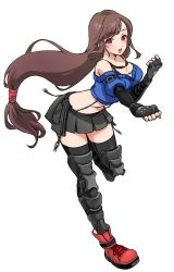 Rule 34 | 1girl, armored boots, bare shoulders, black gloves, black skirt, black thighhighs, blue sweater, boots, breasts, brown hair, cleavage, clenched hands, crop top, cropped sweater, fighting stance, final fantasy, final fantasy vii, final fantasy vii ever crisis, fingerless gloves, full body, gloves, hair tie, large breasts, long hair, looking at viewer, low-tied long hair, materia, midriff, miniskirt, off-shoulder sweater, off shoulder, open mouth, pleated skirt, punching, quichi 91, red eyes, red footwear, shirt, skirt, solo, square enix, suspenders, sweater, swept bangs, thigh boots, thighhighs, tifa lockhart, tifa lockhart (metalfoot), white background, white shirt, zettai ryouiki