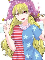 Rule 34 | 1girl, american flag, american flag dress, bad id, bad pixiv id, blonde hair, blush, clownpiece, fairy wings, hat, hineko, jester cap, long hair, looking at viewer, open mouth, polka dot, red eyes, simple background, smile, solo, star (symbol), striped, torch, touhou, v, very long hair, wings