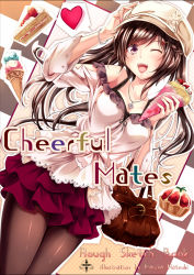 Rule 34 | 1girl, adjusting clothes, adjusting headwear, bare shoulders, black pantyhose, blouse, braid, breasts, brown hair, cabbie hat, cake, collarbone, cover, cover page, cowboy shot, crepe, dutch angle, food, hair ornament, hairclip, hand up, haruka natsuki, hat, heart, holding, holding food, ice cream, long hair, looking at viewer, medium breasts, open mouth, original, pantyhose, purple eyes, purple skirt, shirt, skirt, smile, solo, swept bangs, teeth, twintails, white shirt