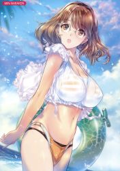 Rule 34 | 1girl, absurdres, artist name, bikini, bikini under clothes, blue sky, breasts, brown eyes, brown hair, cleavage, cloud, copyright request, cowboy shot, crop top, day, glasses, highres, holding, holding swim ring, innertube, large breasts, looking at viewer, melonbooks, min-naraken, navel, open mouth, orange bikini, outdoors, palm tree, see-through, semi-rimless eyewear, shirt, short hair, short sleeves, sky, solo, standing, stomach, striped bikini, striped clothes, swim ring, swimsuit, transparent, tree, water, water drop, white shirt, wind