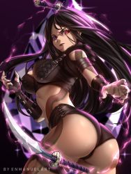 Rule 34 | 1girl, ass, aura, black hair, black nails, breasts, cameltoe, celine (epic seven), enma (enmanuelart), epic seven, from behind, from below, heterochromia, highres, huge ass, katana, large breasts, long hair, looking at viewer, looking down, nail polish, purple eyes, red eyes, shiny clothes, shiny skin, short shorts, shorts, sideboob, solo, sword, tattoo, thigh strap, very long hair, weapon