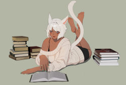 Rule 34 | 1girl, animal ears, barefoot, book, book stack, casual, cat ears, cat tail, facial mark, final fantasy, final fantasy xiv, green background, grey eyes, highres, lying, lyra-kotto, miqo&#039;te, on stomach, open book, short hair, solo, sweater, tail, whisker markings, white hair, y&#039;shtola rhul