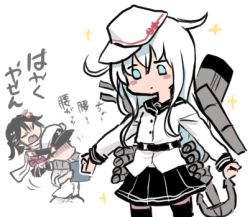 Rule 34 | 1boy, 2girls, admiral (kancolle), anchor, black hair, black skirt, blue eyes, carrying, closed eyes, closed mouth, commentary request, detached sleeves, flat cap, hat, hibiki (kancolle), jacket, kantai collection, long hair, long sleeves, lowres, multiple girls, piggyback, pleated skirt, rigging, scarf, sendai (kancolle), sendai kai ni (kancolle), shaded face, simple background, skirt, sparkle, terrajin, translation request, two side up, verniy (kancolle), white background, white hair, white headwear, white scarf