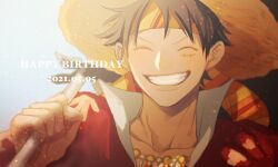Rule 34 | 1boy, ^ ^, bandana, black hair, close-up, closed eyes, hat, highres, jewelry, male focus, monkey d. luffy, necklace, nsgw, one piece, scar, scar on face, short hair, smile, solo, straw hat