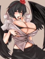 Rule 34 | 1girl, absurdres, bikini, bird wings, black bikini, black hair, black skirt, black wings, blush, breasts, brown background, cleavage, commentary request, fellatio gesture, hat, highres, huge breasts, looking at viewer, micro bikini, pom pom (clothes), red eyes, red hat, shameimaru aya, shirt, short hair, short sleeves, simple background, skirt, solo, swimsuit, tokin hat, tongue, tongue out, touhou, variant set, washiwa, white shirt, wings