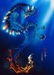 Rule 34 | absurdres, blue scales, blue theme, calligraphy, claws, crocodilian, deadpool yuchan, dragon, from side, full body, gradient background, highres, horns, lagiacrus, monster, monster focus, monster hunter, monster hunter (series), monster hunter 3, no humans, open mouth, orange horns, scales, sea monster, sharp teeth, signature, spikes, submerged, tail, teeth, underwater, water, yellow eyes