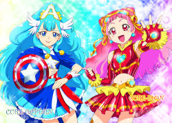 Rule 34 | 10s, 2girls, :d, avengers (series), blue eyes, blue hair, blush, captain america, captain america (cosplay), commentary, cosplay, cowboy shot, cure ange, cure yell, dress, earrings, elbow gloves, fingerless gloves, gloves, glowing, hair ornament, hair ribbon, head wings, heart, hugtto! precure, iron man, iron man (cosplay), jewelry, lipstick, long hair, looking at viewer, magical girl, makeup, marvel, midriff, multiple girls, navel, nono hana, open mouth, parody, pink eyes, pink hair, pom pom (cheerleading), precure, ribbon, shield, shiny clothes, shiny skin, skirt, smile, sparkle, star (symbol), superhero costume, ueyama michirou, very long hair, weapon, wings, wrist cuffs, yakushiji saaya