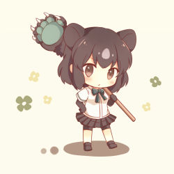 Rule 34 | &gt;:/, 10s, 1girl, :/, animal ears, ankle boots, bad id, bad pixiv id, bear ears, paw stick, beige background, bike shorts, blue ribbon, blush, boots, brown bear (kemono friends), brown eyes, brown footwear, brown gloves, brown hair, brown skirt, chibi, clenched hand, elbow gloves, eyelashes, floral background, flower, full body, gloves, grey hair, hand on own hip, holding, holding weapon, kemono friends, konno (pixiv 23416142), looking at viewer, multicolored hair, neck ribbon, no nose, pleated skirt, ribbon, shadow, shirt, short hair, simple background, skirt, solo, standing, tsurime, two-tone hair, v-shaped eyebrows, weapon, white shirt