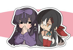 Rule 34 | 2girls, black eyes, black hair, blush, bow, chibi, commentary request, cookie (touhou), earrings, hair between eyes, hair bow, hair ornament, hairclip, hakurei reimu, jacket, jewelry, long bangs, long hair, looking at another, looking to the side, multiple girls, nahori (hotbeans), open mouth, outline, own hands together, pink background, purple bow, purple jacket, red bow, shunga youkyu, sidelocks, star (symbol), star earrings, star sapphire, steepled fingers, touhou, upper body, white background, white outline, yellow eyes, yuyusu (cookie)