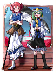 Rule 34 | 2girls, absurdres, asymmetrical hair, black footwear, black sash, black skirt, black socks, blue eyes, blue headwear, blue kimono, blue vest, blush, bow, breasts, closed mouth, flower, frilled hat, frilled skirt, frilled sleeves, frills, full body, green hair, hair between eyes, hat, highres, holding, japanese clothes, kimono, large breasts, long sleeves, looking at another, looking to the side, mary janes, medium breasts, multiple girls, obi, okobo, onozuka komachi, open mouth, petticoat, red bow, red flower, ribbon-trimmed skirt, ribbon trim, rod of remorse, sandals, sash, scythe, shiki eiki, shirt, shoes, short hair, skirt, sleeve bow, smile, socks, spam (spamham4506), spider lily, standing, touhou, vest, white bow, white shirt, wide sleeves