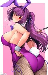 Rule 34 | 1girl, animal ears, ass, blush, breasts, fate/grand order, fate (series), flying sweatdrops, frown, large breasts, leotard, long hair, looking at viewer, looking back, playboy bunny, ponytail, purple hair, rabbit ears, rabbit tail, red eyes, scathach skadi (fate), sideboob, solo, tail, unadon, wand