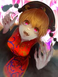 Rule 34 | 1girl, black dress, black hat, dress, energy, fingernails, hands up, hat, highres, junko (touhou), long fingernails, long sleeves, looking up, mandarin collar, nail polish, open mouth, red nails, red tabard, simple background, solo, standing, tabard, teeth, tongue, touhou, white background, wide sleeves, yatsuga (kouahey dierci)