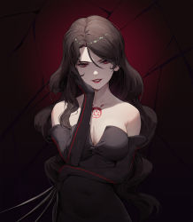 Rule 34 | 1girl, bare shoulders, black background, black dress, black hair, breasts, claws, cleavage, collarbone, cotta (heleif), covered navel, dress, elbow gloves, fullmetal alchemist, gloves, highres, large breasts, long hair, looking at viewer, lust (fma), parted lips, red background, red eyes, smile, solo, tattoo, teeth