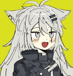 Rule 34 | 1girl, :d, animal ears, antenna hair, arknights, bad id, bad twitter id, black jacket, blush, fang, green background, grey eyes, grey hair, hair between eyes, hair ornament, hairclip, jacket, lappland (arknights), lowres, messy hair, open mouth, rbfnrbf (mandarin), scar, scar across eye, scar on face, simple background, smile, solo, wolf ears
