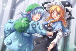 Rule 34 | 2girls, ^ ^, backpack, bag, blush, braid, buttons, capelet, closed eyes, dress, closed eyes, female focus, hair bobbles, hair ornament, hair ribbon, hat, highres, kawashiro nitori, kirisame marisa, lzh, multiple girls, open mouth, ribbon, smile, touhou, tree, twintails, two side up, witch hat