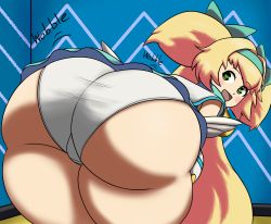 Rule 34 | 1girl, ass, blazblue, blonde hair, blush, bow, cameltoe, from behind, green eyes, hairband, highres, huge ass, imstupid13, leaning, leaning forward, long hair, looking at viewer, looking back, open mouth, panties, platinum the trinity, quad tails, shiny skin, skirt, smile, solo, thick thighs, thighs, underwear, very long hair