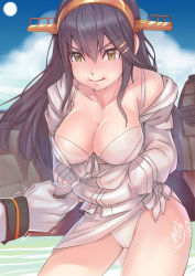 Rule 34 | &gt;:t, 10s, 1girl, :t, admiral (kancolle), alternate costume, asdj, black hair, blush, breasts, cleavage, closed mouth, collarbone, cowboy shot, gloves, hair between eyes, hairband, hands in pockets, haruna (kancolle), headgear, highres, hood, hoodie, kantai collection, large breasts, long hair, looking at viewer, off shoulder, panties, sidelocks, solo focus, turret, undersized clothes, underwear, v-shaped eyebrows, white gloves, white panties, yellow eyes, zipper, zipper pull tab