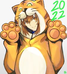 Rule 34 | 1girl, animal costume, animal ears, animal hands, animal hood, animal print, brown hair, chinese zodiac, closed mouth, dated, fake animal ears, fate/stay night, fate (series), fujimura taiga, gradient background, grey background, hair between eyes, highres, hood, hood up, jaguarman (fate), looking at viewer, moedredd, orange eyes, painterly, short hair, signature, smile, solo, tiger costume, tiger print, year of the tiger
