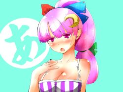 Rule 34 | 1girl, adapted costume, alternate hairstyle, blush, body blush, breasts, camisole, cleavage, colored eyelashes, crescent, crescent hair ornament, crescent moon, female focus, hair ornament, hokuto (scichil), moon, no headwear, no headwear, patchouli knowledge, pink eyes, pink hair, ponytail, solo, touhou, upper body