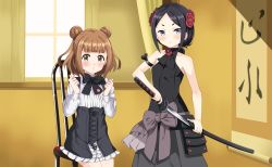 Rule 34 | 2girls, absurdres, achmad faisal, armor, beatrice (princess principal), black dress, black hair, brown hair, commission, dress, flower hair ornament, highres, japanese text, katana, knee up, knees up, multiple girls, princess principal, purple eyes, ribbon, scabbard, sheath, sword, toudou chise, weapon, window, yellow eyes