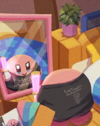 Rule 34 | alarm clock, bed, black shirt, blush stickers, box, cardboard box, clock, colored skin, creature, glowstick, highres, kirby, kirby (series), kirby 30th anniversary music festival, looking at mirror, miclot, mirror, nintendo, no humans, pillow, plant, potted plant, shirt, smile, solo, star (symbol)