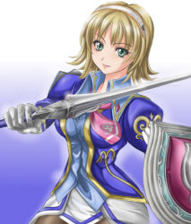 Rule 34 | 1041 (toshikazu), 1girl, black pantyhose, blonde hair, breasts, cassandra alexandra, green eyes, hairband, headband, holding, holding shield, holding sword, holding weapon, light smile, looking at viewer, medium breasts, pantyhose, shield, short hair, skirt, smile, solo, soul calibur, soulcalibur, soulcalibur iii, sword, weapon, white skirt
