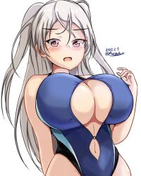 Rule 34 | 1girl, black one-piece swimsuit, blue one-piece swimsuit, blush, breasts, brown eyes, cleavage cutout, clothing cutout, competition swimsuit, conte di cavour (kancolle), dated, embarrassed, highleg, highleg swimsuit, highres, impossible clothes, impossible swimsuit, kantai collection, large breasts, long hair, looking at viewer, montemasa, one-hour drawing challenge, one-piece swimsuit, simple background, solo, swimsuit, twitter username, two-tone swimsuit, two side up, white background