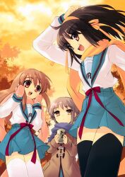 3girls absurdres asahina_mikuru autumn_leaves black_socks blue_sailor_collar blue_skirt bob_cut brown_coat brown_eyes brown_hair closed_mouth coat cowboy_shot evening expressionless gloves grey_hair hairband highres ito_noizi kita_high_school_uniform long_hair long_sleeves looking_at_viewer medium_hair miniskirt multiple_girls nagato_yuki open_mouth orange_hair orange_hairband orange_sky outdoors red_ribbon ribbon sailor_collar scarf school_uniform serafuku short_hair skirt sky smile socks standing suzumiya_haruhi suzumiya_haruhi_no_yuuutsu teeth thighhighs third-party_source upper_teeth_only winter_uniform