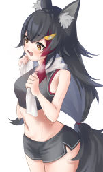 Rule 34 | 1girl, absurdres, animal ear fluff, animal ears, black hair, black shirt, black shorts, blouse, blush, commentary request, crop top, hair between eyes, hair ornament, hairclip, highres, hololive, long hair, multicolored hair, navel, ookami mio, open mouth, red hair, setokane, shirt, short shorts, shorts, sidelocks, simple background, solo, streaked hair, sweat, towel, towel around neck, very long hair, virtual youtuber, white background, wolf ears, wolf girl, yellow eyes