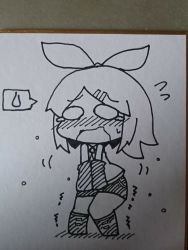 Rule 34 | 1girl, bare shoulders, blush, chibi, detached sleeves, embarrassed, female focus, flying sweatdrops, full body, greyscale, hair ribbon, have to pee, kagamine rin, kneehighs, knees together feet apart, monochrome, necktie, nose blush, o o, ooyama bokuchi, open mouth, ribbon, shirt, shorts, simple background, sketch, sleeveless, sleeveless shirt, socks, solo, speech bubble, standing, sweat, tears, traditional media, trembling, v arms, vocaloid, white background