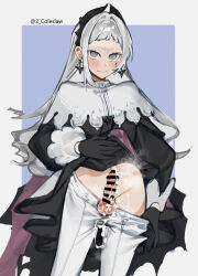 Rule 34 | 1girl, arknights, bar censor, black gloves, blue background, blush, censored, closed mouth, clothes lift, clothes pull, cowboy shot, cum, cum on clothes, cum on penis, earrings, erection, futanari, gloves, grey eyes, grey hair, highres, irene (arknights), jewelry, lifted by self, long hair, long sleeves, mirin chikuwa, pantyhose, pantyhose pull, penis, pulled by self, scar, scar across eye, skirt, skirt lift, solo, testicles, two-tone background, white background, white pantyhose