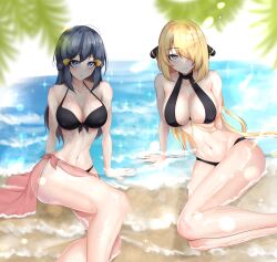 Rule 34 | 2girls, absurdres, bare legs, beach, bikini, blonde hair, blue eyes, blue hair, breasts, creatures (company), cynthia (pokemon), dawn (pokemon), game freak, grey eyes, hair over one eye, hand on ground, highres, large breasts, leo23, looking at viewer, multiple girls, nintendo, ocean, pokemon, pokemon dppt, sitting, swimsuit, wet, wet clothes, wet swimsuit