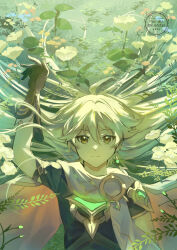 Rule 34 | 1boy, aether (genshin impact), ahoge, alternate hairstyle, arm armor, arm up, armor, artist name, blonde hair, brown eyes, brown gloves, brown shirt, cape, closed mouth, commentary request, earrings, flower, fushitasu, genshin impact, gloves, gold trim, green theme, hair between eyes, jewelry, leaf, long hair, looking at viewer, looking up, lying, male focus, on back, orange cape, outdoors, scarf, shirt, short sleeves, shoulder armor, single earring, smile, solo, white scarf, yellow flower