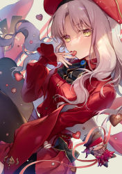 Rule 34 | 1boy, 1girl, angra mainyu (fate), beret, black hair, black pantyhose, breasts, brooch, candy, caren hortensia, caren hortensia (amor caren), caren hortensia (amor caren) (second ascension), chibi, chocolate, chocolate heart, dress, fate/grand order, fate/hollow ataraxia, fate (series), food, full-body tattoo, hat, headband, heart, highres, jewelry, long hair, long sleeves, looking at viewer, medium breasts, neck ribbon, pantyhose, red dress, red headwear, ribbon, shawl, tattoo, thighs, vivi (eve no hakoniwa), wavy hair, white hair, yellow eyes