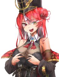 Rule 34 | 1girl, absurdres, alternate costume, bare shoulders, black hat, breasts, breasts apart, cleavage, collar, derederu, hair bun, hat, heterochromia, highres, hololive, hololive fantasy, houshou marine, houshou marine (marching band), jacket, large breasts, leotard, long hair, long sleeves, looking at viewer, multicolored hair, off shoulder, open mouth, pink hair, red eyes, red hair, see-through, see-through cleavage, simple background, smile, smug, solo, teeth, two-tone hair, upper body, virtual youtuber, white background, yellow eyes