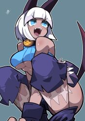 Rule 34 | 1girl, belt pouch, blue background, blue eyes, bob cut, breasts, cat girl, collar, crop top, dark-skinned female, dark skin, detached leggings, fangs, fingerless gloves, gloves, large breasts, looking at another, ms. fortune (skullgirls), neck bell, open mouth, pouch, scar, sharp teeth, short hair, skullgirls, solo, squatting, teeth, underboob, white hair, yaki usagi