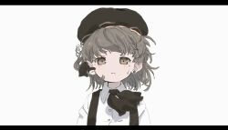 Rule 34 | 1girl, arms at sides, beret, black hat, black ribbon, brown eyes, brown hair, buttons, closed mouth, collared shirt, commentary, dress shirt, earrings, floating hair, flower, frown, hair flower, hair ornament, hair ribbon, hariyama sugiru, hat, hatoba tsugu, highres, jewelry, letterboxed, light blush, looking at viewer, mole, mole under eye, neck ribbon, ribbon, rose, shirt, short hair, simple background, single earring, solo, straight-on, stud earrings, suspenders, sweatdrop, thick eyebrows, tsugu (vtuber), upper body, v-shaped eyebrows, virtual youtuber, white background, white flower, white rose, white shirt, wind