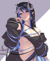 Rule 34 | 1girl, black hair, black jacket, black skirt, black tube top, blue hair, blush, breasts, brown eyes, cleavage, closed mouth, commentary request, cowboy shot, curled horns, demon girl, demon horns, demon tail, grey horns, hair between eyes, hebiyoi tier, hebiyoi tier (1st costume), highres, horns, jacket, koutyamaru2021, large breasts, long hair, looking at viewer, multicolored hair, nanashi inc., navel, off shoulder, pointy ears, skirt, smile, snake bite, solo, strapless, sugar lyric, tail, tube top, two-tone hair, underboob, virtual youtuber