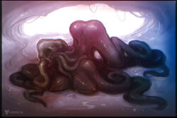 Rule 34 | 1girl, artist logo, artist name, ass, backlighting, breasts, cave, commentary, cthulhu mythos, dated, english commentary, large breasts, monster, monster girl, neurodyne, nipples, no eyes, nyarlathotep, puddle, sharp teeth, slime (substance), solo, teeth, tentacle arm, tentacle hair, tentacle legs, tentacle limbs, tentacle tongue, tentacles, wet
