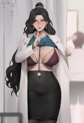 Rule 34 | 1girl, absurdres, alios arvin, black hair, black pantyhose, black skirt, blush, bra, breasts, chinese commentary, clothes lift, coat, commentary request, cowboy shot, doctor, earrings, glasses, green shirt, hair bun, hair ornament, half-closed eyes, hand up, high-waist skirt, highres, index finger raised, indoors, iv stand, jewelry, lab coat, large breasts, long hair, long sleeves, looking at viewer, mature female, necklace, open clothes, open coat, opened by self, original, over-rim eyewear, pantyhose, parted lips, pearl hair ornament, pearl necklace, pencil skirt, red bra, ribbed shirt, semi-rimless eyewear, shirt, shirt lift, skirt, solo focus, standing, stethoscope, straight-on, teeth, underwear, very long hair, watch, wavy hair, white coat, wristwatch