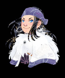 Rule 34 | 1girl, artist name, asirpa, bandana, black background, black hair, black shirt, blue bandana, blue eyes, capelet, closed mouth, commentary, earrings, english commentary, floral print, fur scarf, golden kamuy, hoop earrings, jewelry, long hair, looking at viewer, scarf, shirt, simple background, smile, solo, upper body, white capelet, white scarf, yutaan