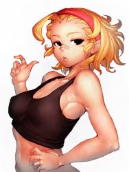 Rule 34 | 1girl, ahoge, bandaid, bandaid on face, bandaid on nose, black eyes, blonde hair, breasts, cleavage, covered erect nipples, eyebrows, forehead, fumio (rsqkr), hairband, hand on own hip, hip focus, lips, looking at viewer, looking to the side, medium breasts, midriff, parted lips, short hair, simple background, solo, tank top, white background